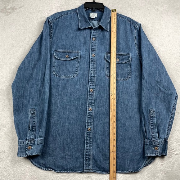 J Crew Denim Shirt Mens Large Blue Dark Wash Pocket Western Long Sleeve Button - Picture 8 of 10